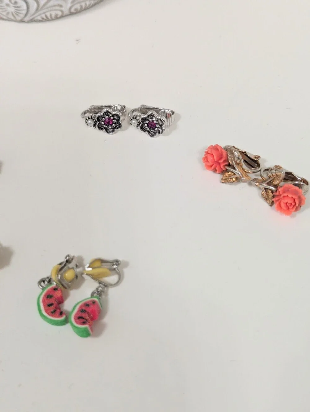 Lot Of 5 Clip On Earrings Fruit And Stones